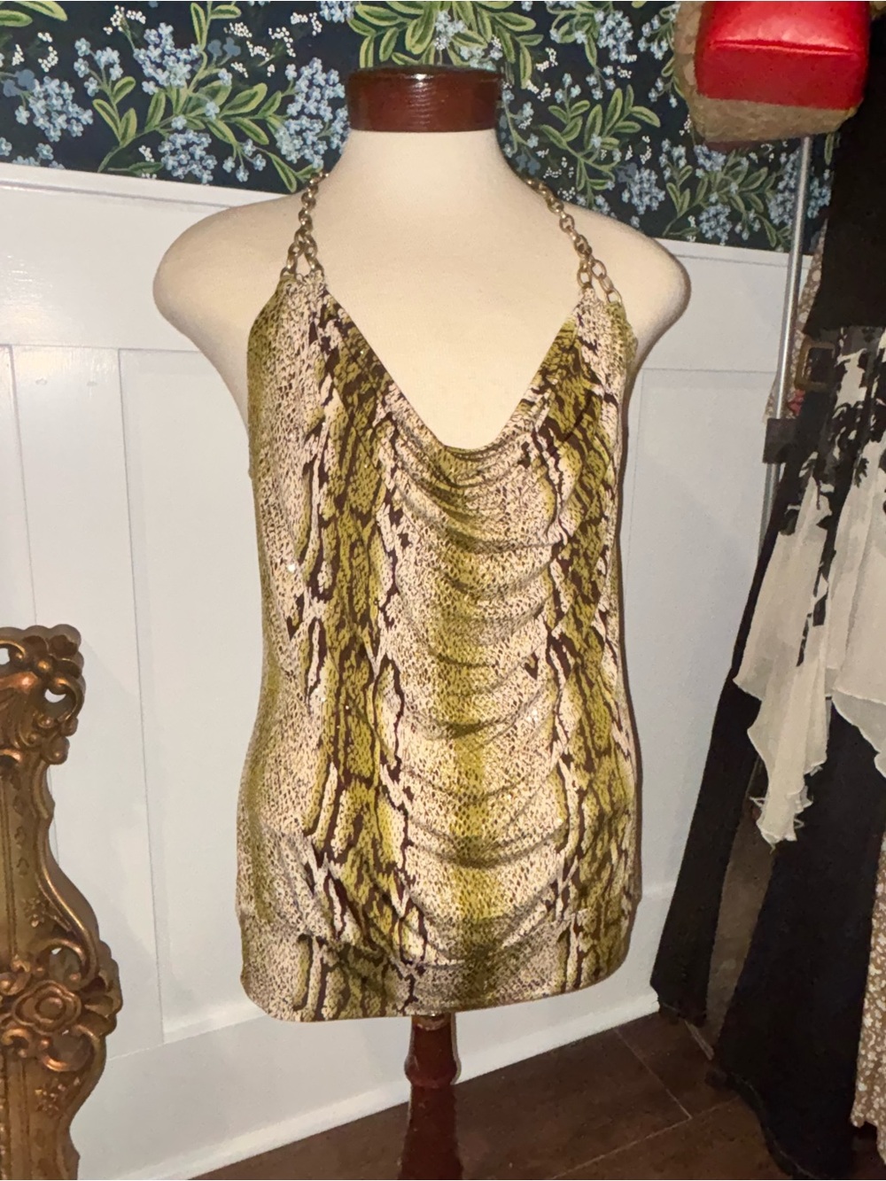Y2K Dots Size 1x Green Snake Skin Clubbing Top With Chain Hardware Sparkly